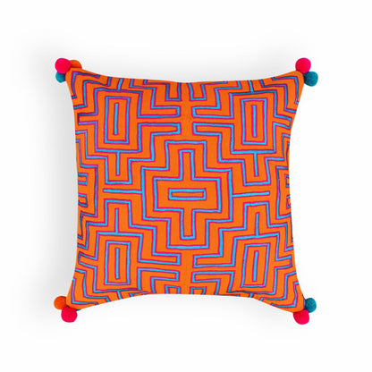 Mola Inspired Tangerine Orange Embroidered Cushion Cover – Blue & Pink Pompom Corners, 3 Sizes