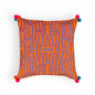 Mola Inspired Tangerine Orange Embroidered Cushion Cover – Blue & Pink Pompom Corners, 3 Sizes