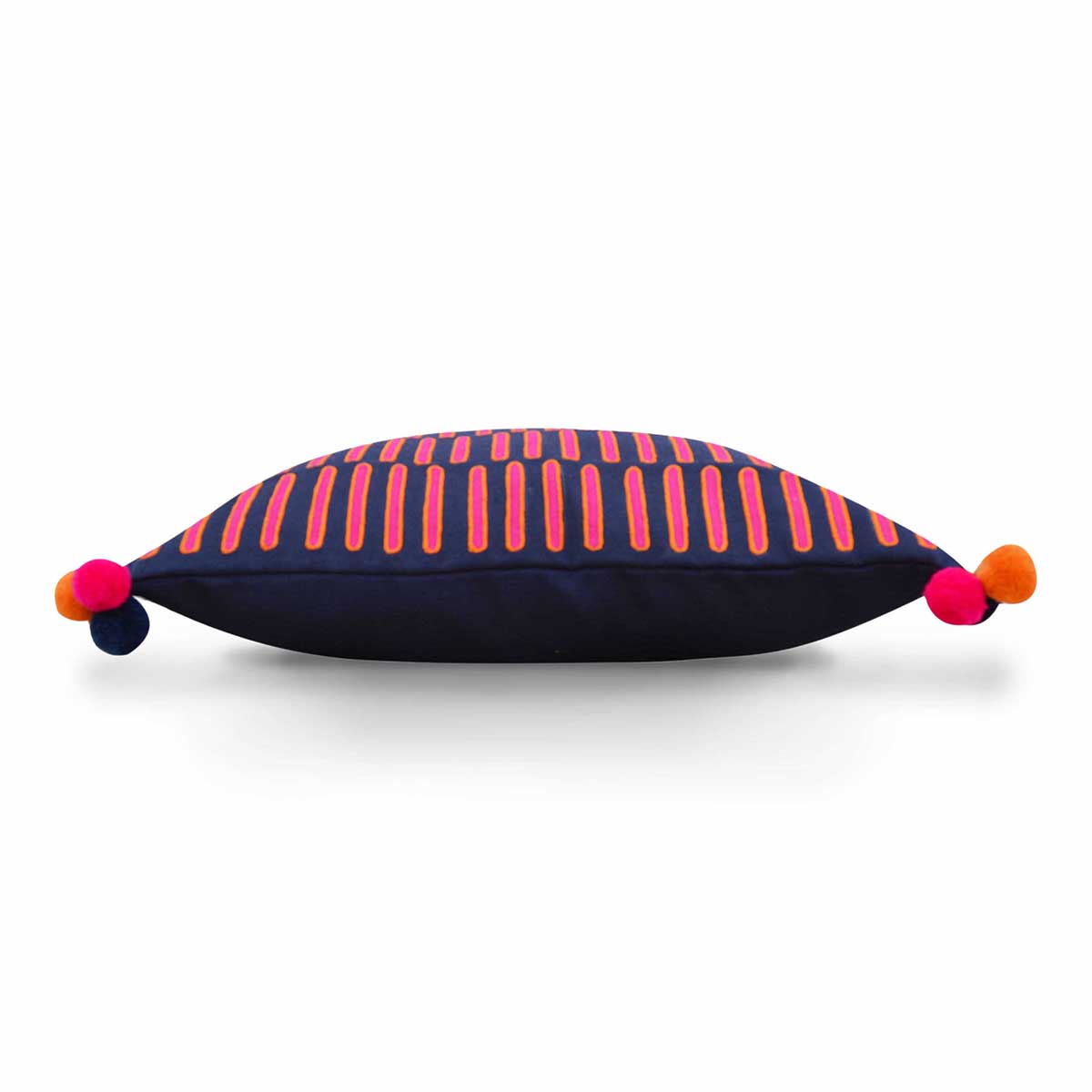 Mola Inspired Navy Blue Embroidered Cushion Cover – Hot Pink & Orange Dash Pattern, Pompom Corners, 3 Sizes