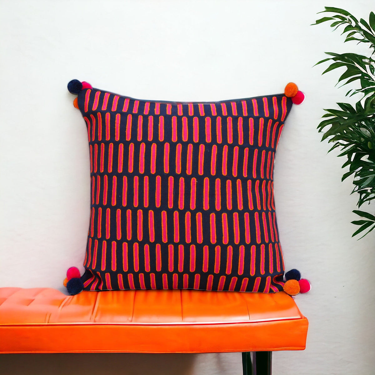 Mola Inspired Navy Blue Embroidered Cushion Cover – Hot Pink & Orange Dash Pattern, Pompom Corners, 3 Sizes