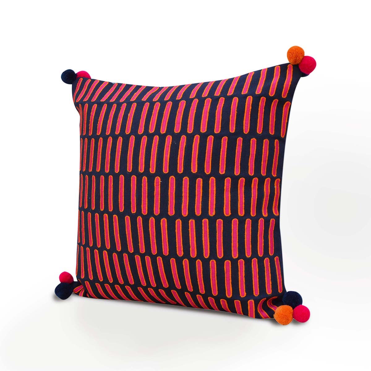 Mola Inspired Navy Blue Embroidered Cushion Cover – Hot Pink & Orange Dash Pattern, Pompom Corners, 3 Sizes