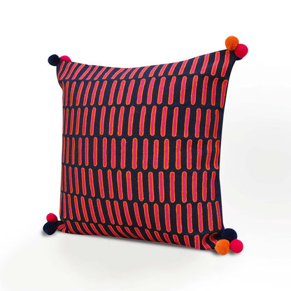 Mola Inspired Navy Blue Embroidered Cushion Cover – Hot Pink & Orange Dash Pattern, Pompom Corners, 3 Sizes