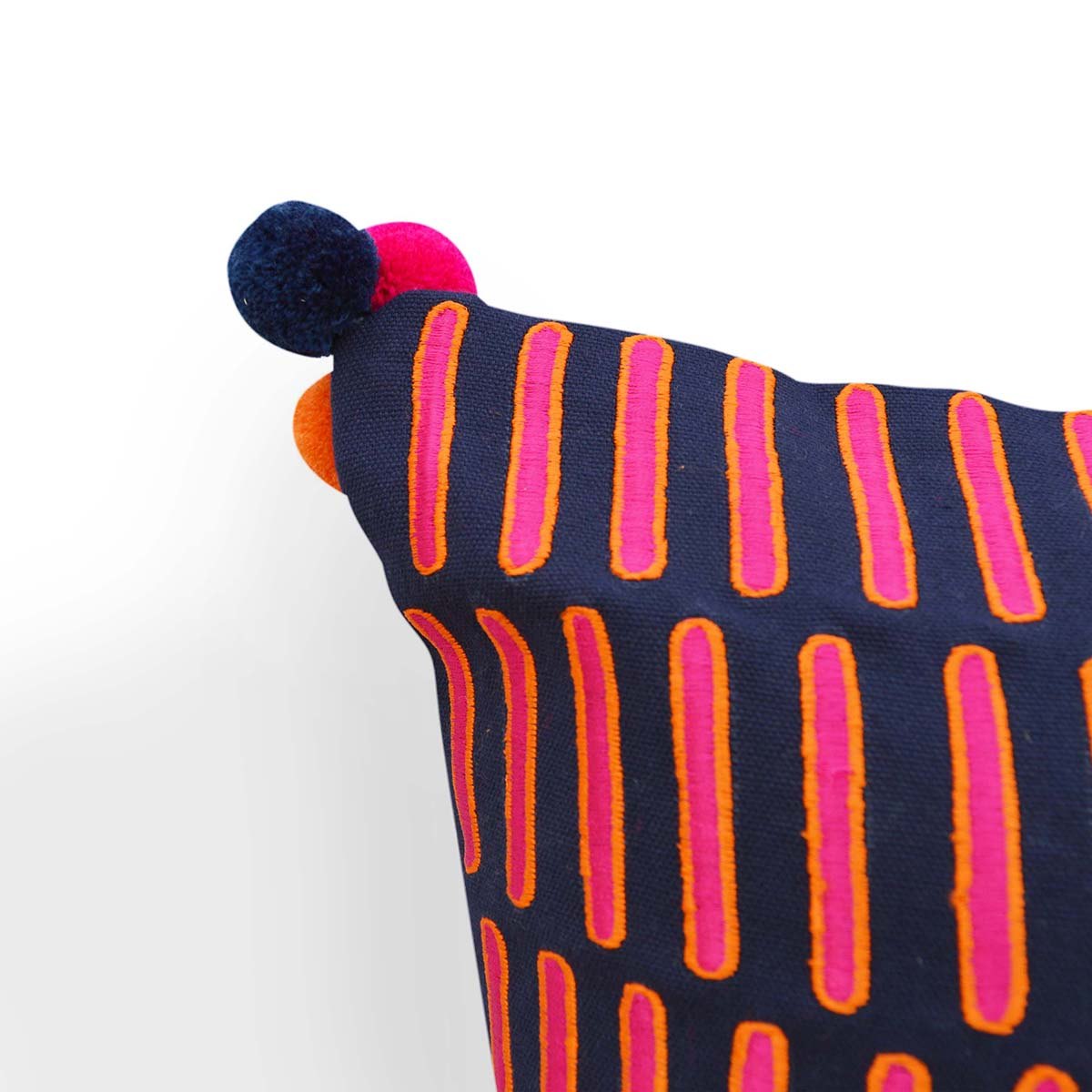 Mola Inspired Navy Blue Embroidered Cushion Cover – Hot Pink & Orange Dash Pattern, Pompom Corners, 3 Sizes