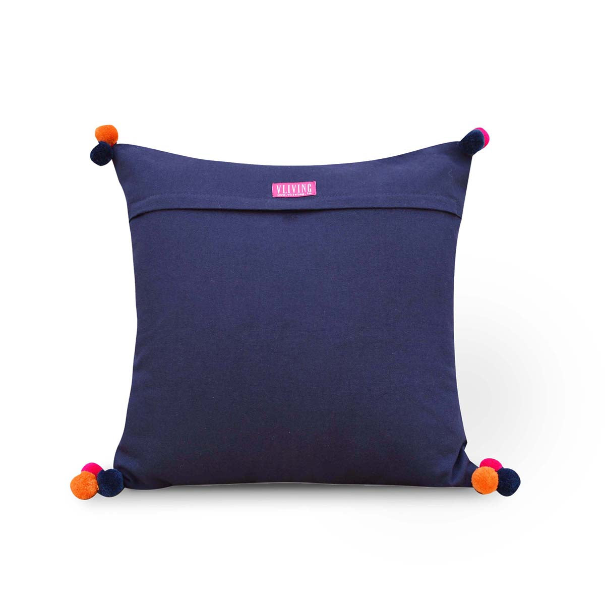 Mola Inspired Navy Blue Embroidered Cushion Cover – Hot Pink & Orange Pompom Corners, 3 Sizes
