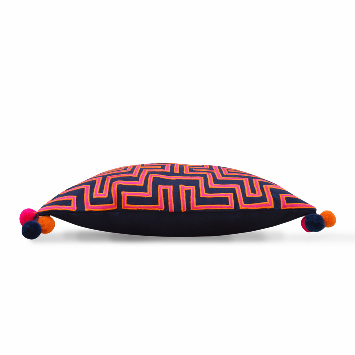 Mola Inspired Navy Blue Embroidered Cushion Cover – Hot Pink & Orange Pompom Corners, 3 Sizes
