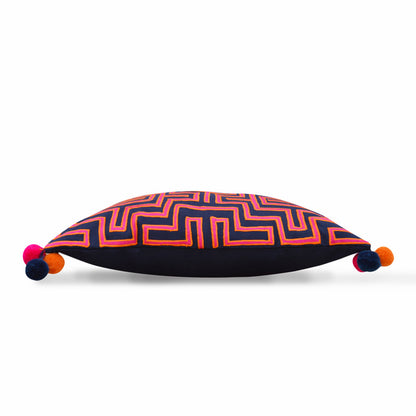 Mola Inspired Navy Blue Embroidered Cushion Cover – Hot Pink & Orange Pompom Corners, 3 Sizes