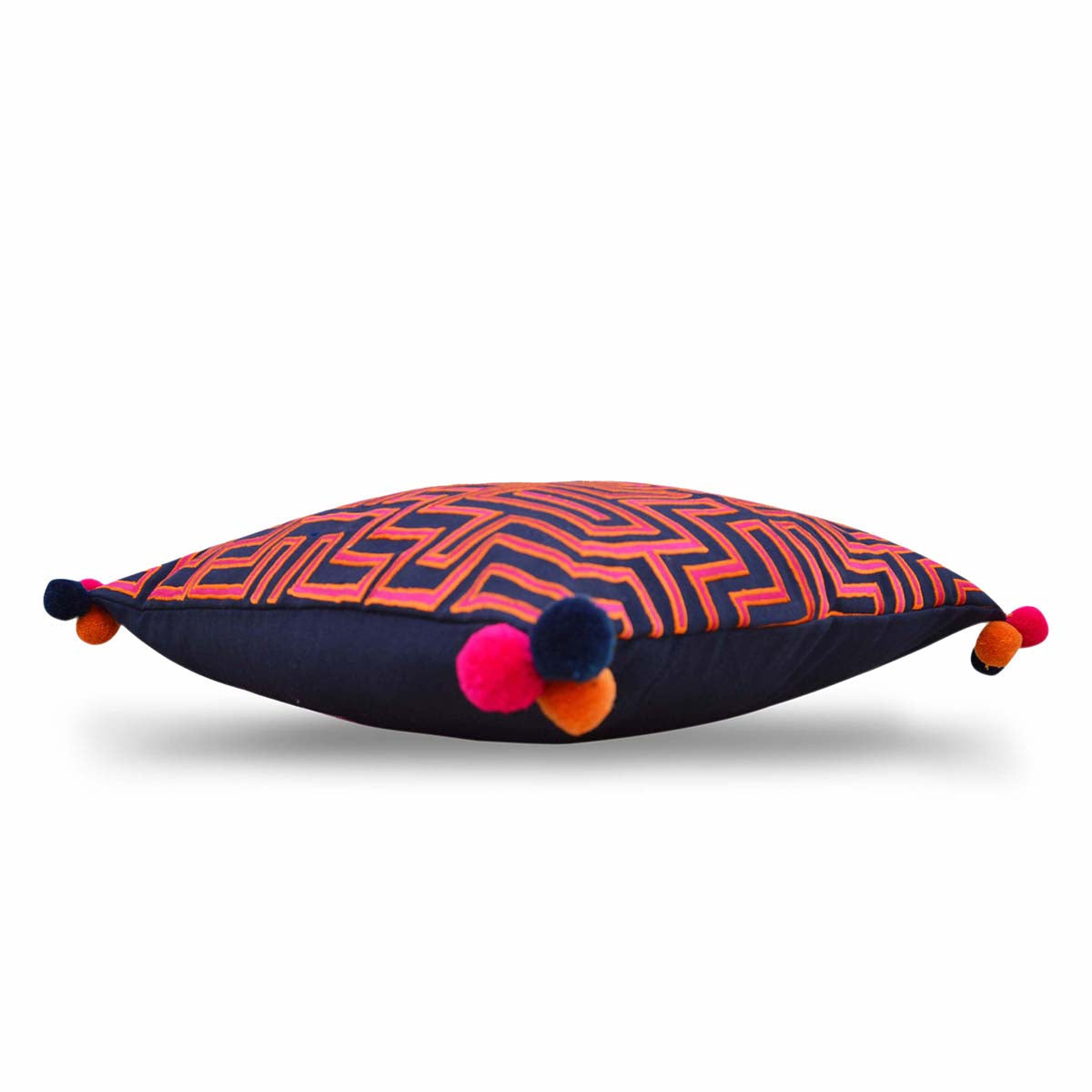 Mola Inspired Navy Blue Embroidered Cushion Cover – Hot Pink & Orange Pompom Corners, 3 Sizes