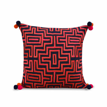 Mola Inspired Navy Blue Embroidered Cushion Cover – Hot Pink & Orange Pompom Corners, 3 Sizes