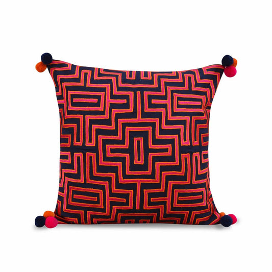 Mola Inspired Navy Blue Embroidered Cushion Cover – Hot Pink & Orange Pompom Corners, 3 Sizes