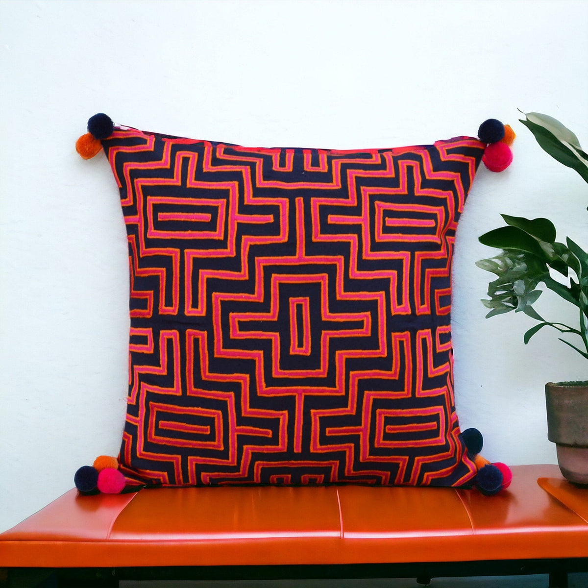 Mola Inspired Navy Blue Embroidered Cushion Cover – Hot Pink & Orange Pompom Corners, 3 Sizes