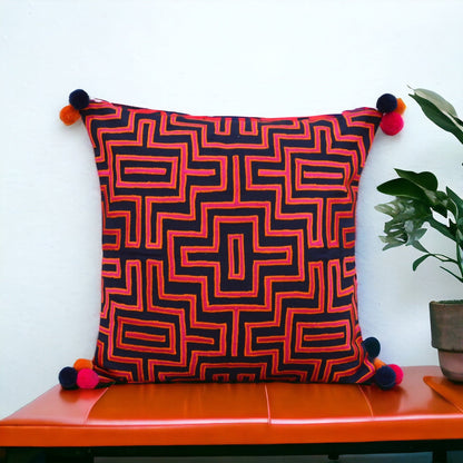 Mola Inspired Navy Blue Embroidered Cushion Cover – Hot Pink & Orange Pompom Corners, 3 Sizes