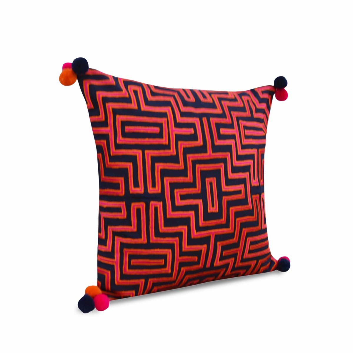 Mola Inspired Navy Blue Embroidered Cushion Cover – Hot Pink & Orange Pompom Corners, 3 Sizes
