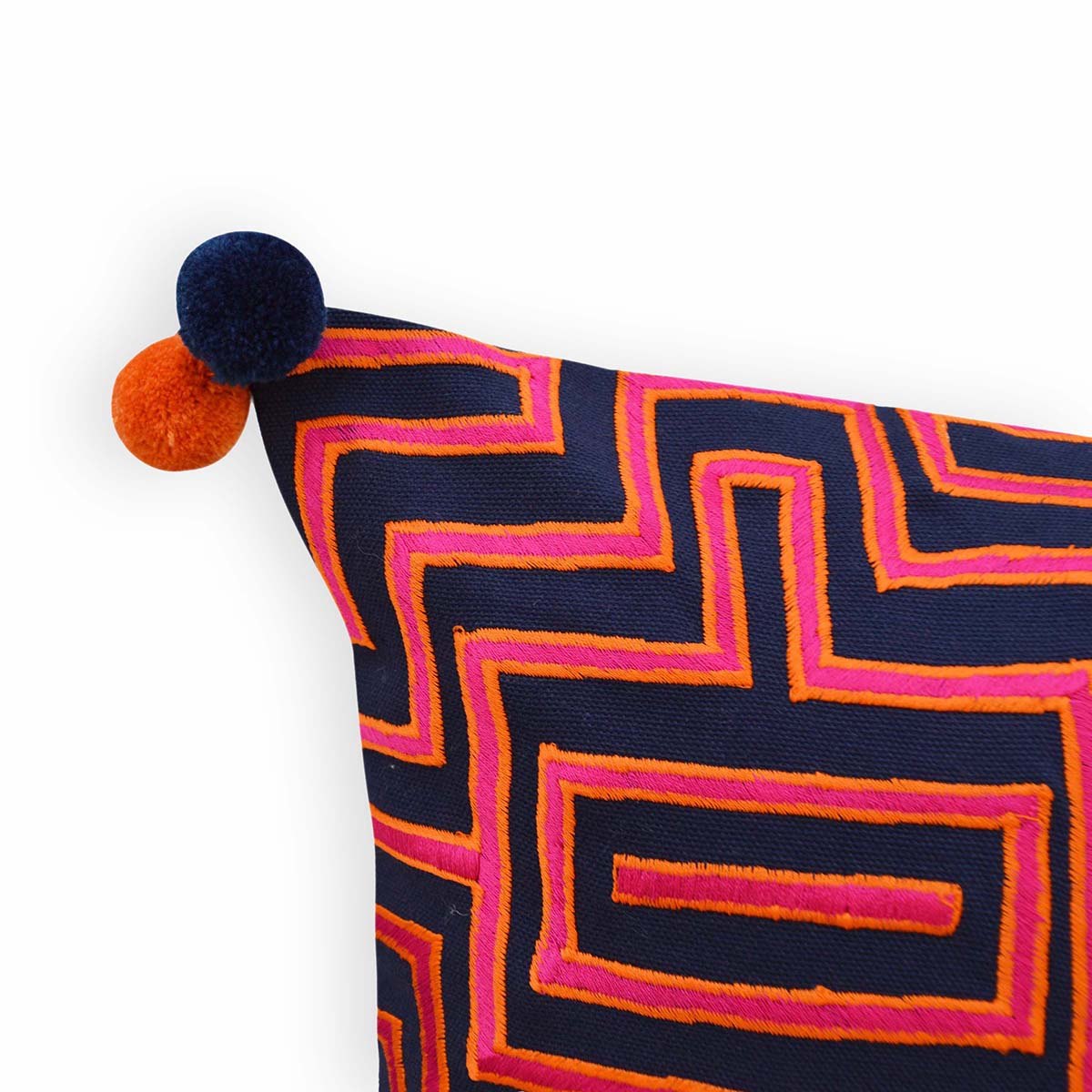 Mola Inspired Navy Blue Embroidered Cushion Cover – Hot Pink & Orange Pompom Corners, 3 Sizes
