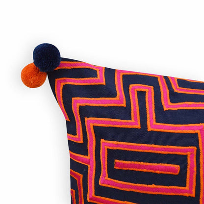 Mola Inspired Navy Blue Embroidered Cushion Cover – Hot Pink & Orange Pompom Corners, 3 Sizes