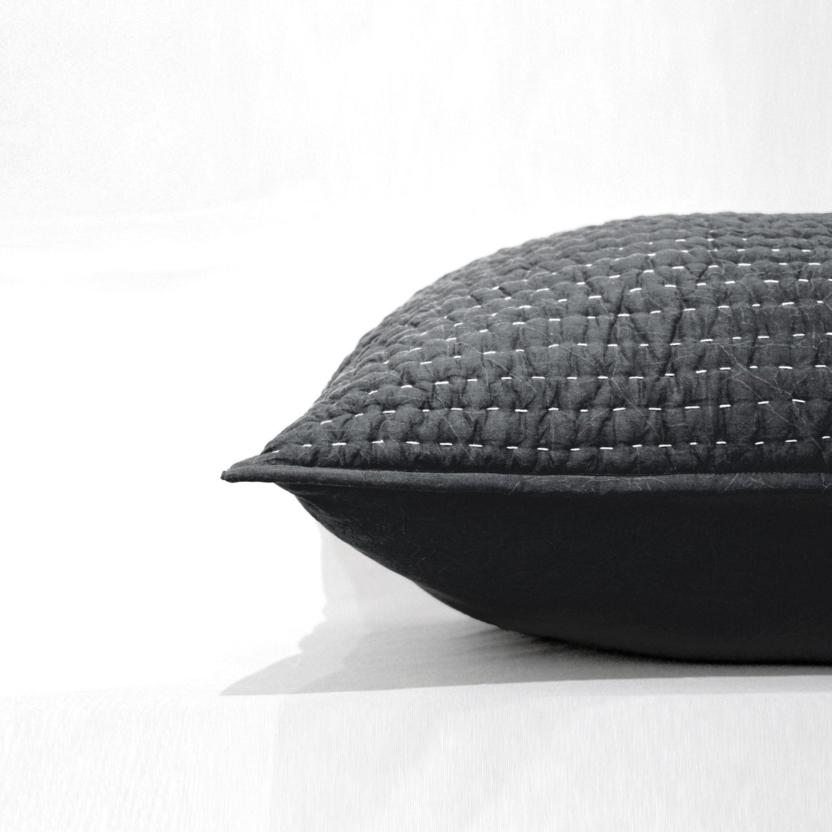 Charcoal Grey Stonewashed Kantha Quilted Pillow Sham | 100% Cotton | Standard, Queen, King & Euro