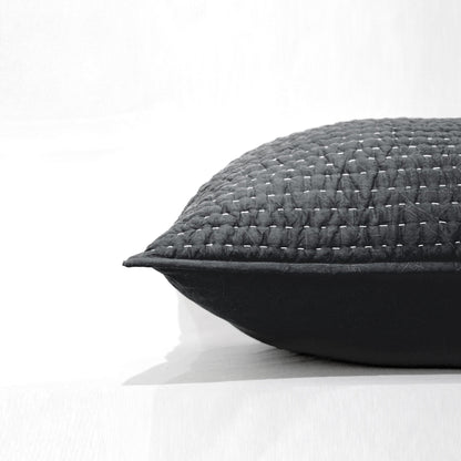 Charcoal Grey Stonewashed Kantha Quilted Pillow Sham | 100% Cotton | Standard, Queen, King & Euro