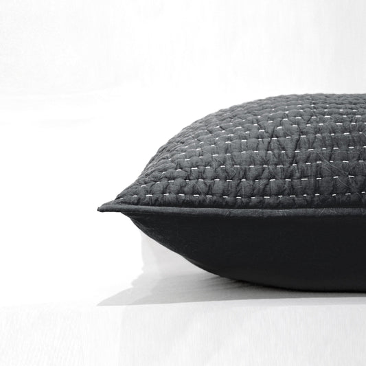Charcoal Grey Stonewashed Kantha Quilted Pillow Sham | 100% Cotton | Standard, Queen, King & Euro