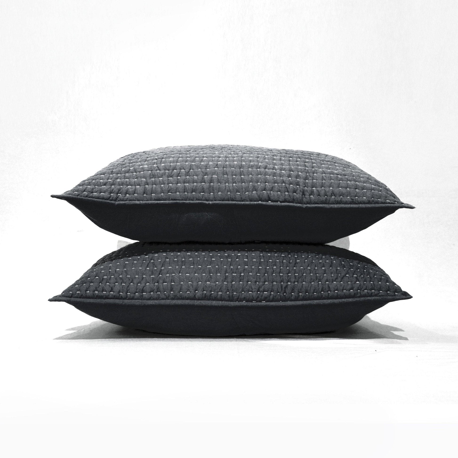 Charcoal Grey Stonewashed Kantha Quilt Bed Set – 100% Cotton