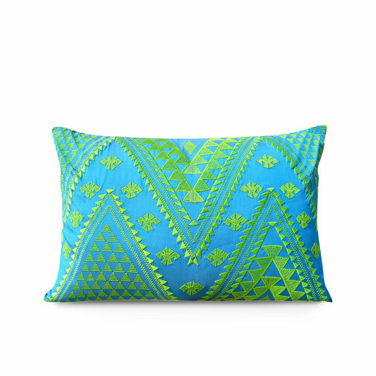 Handcrafted Turquoise Kilim Embroidered Poly Taffeta Pillow Cover