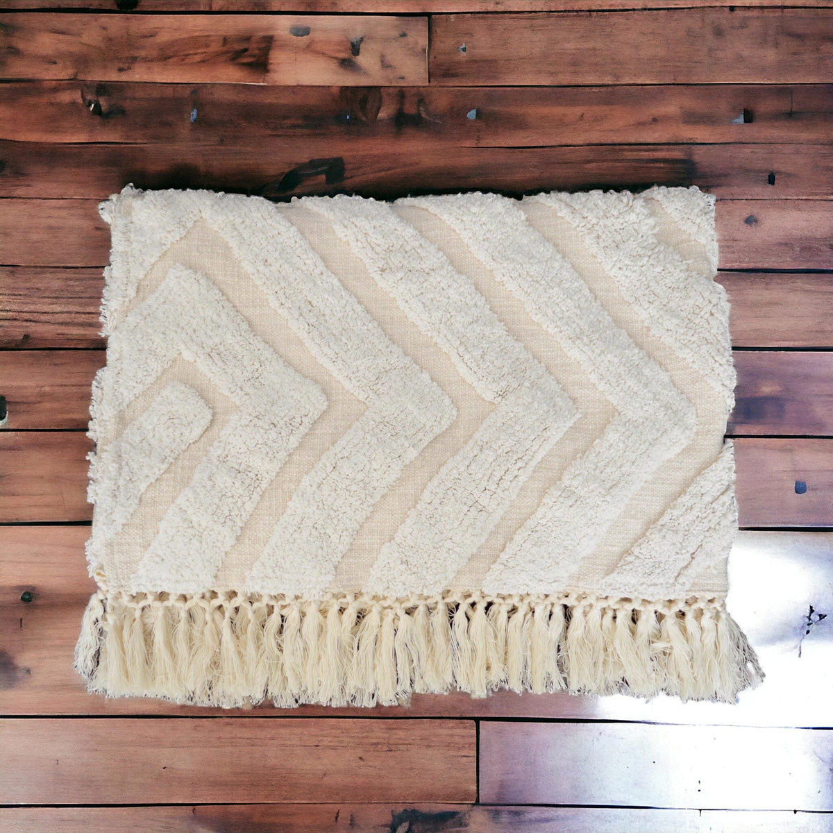Off-White Hand-Tufted Cotton Throw Blanket | Diamond Pattern | Fringe | 44" × 55" | 100% Slub Cotton