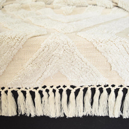 Off White Hand Tufted Cotton Throw Blanket with Diamond Pattern