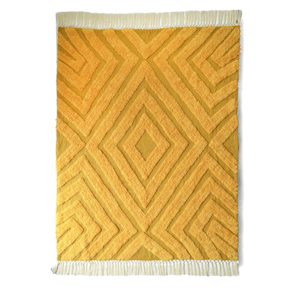 Mustard Yellow Hand-Tufted Cotton Throw Blanket | Diamond Pattern | Off-White Fringe | 44" × 55" | 100% Slub Cotton