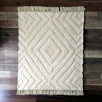 Off White Hand Tufted Cotton Throw Blanket with Diamond Pattern