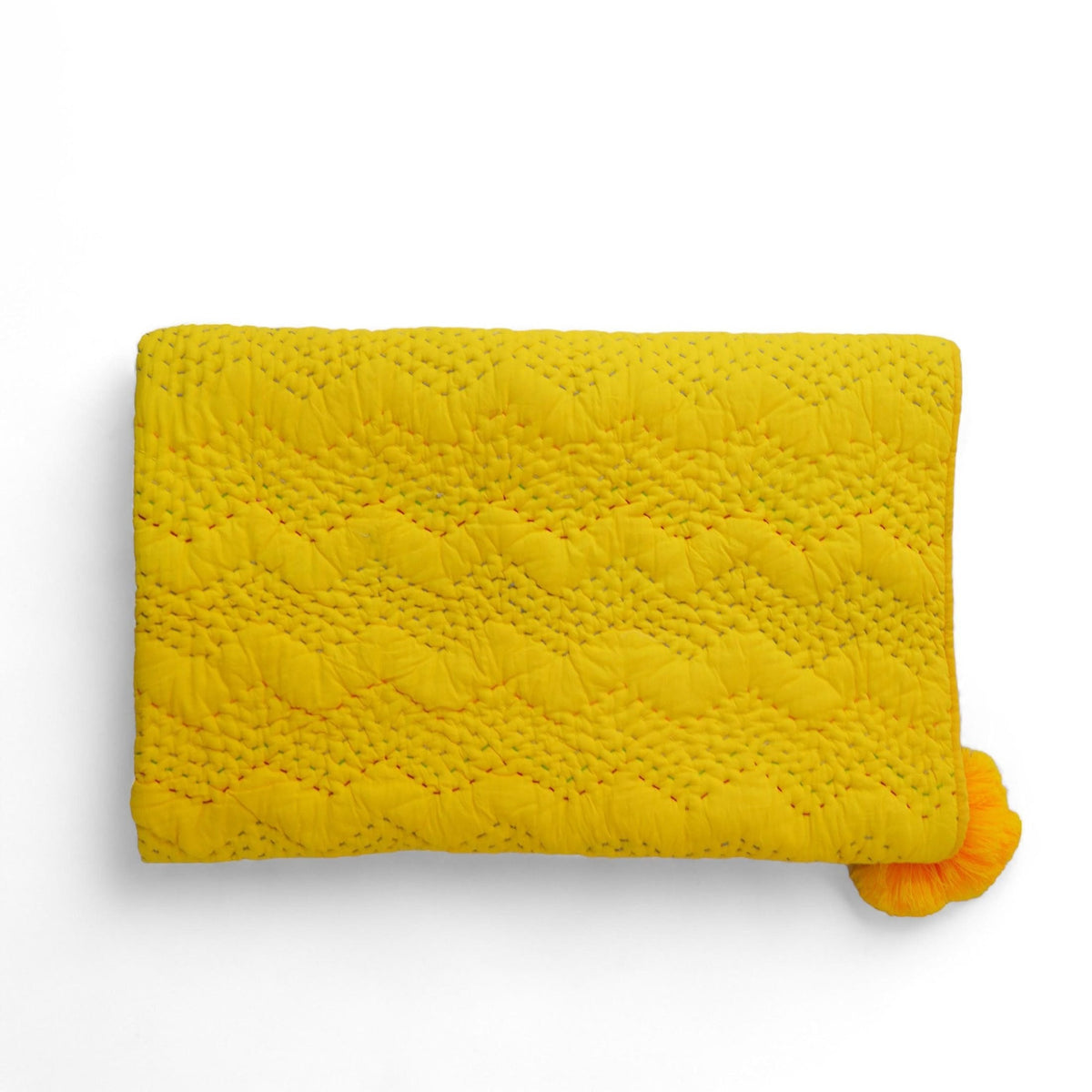 Yellow Hand-Quilted Cotton Throw Blanket | Kantha-Inspired Chevron Zig-Zag | Corner Tassels | 50" × 60"