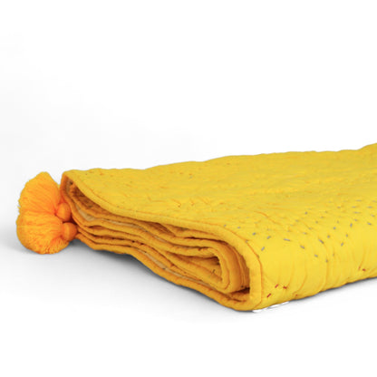 Yellow Hand-Quilted Cotton Throw Blanket | Kantha-Inspired Chevron Zig-Zag | Corner Tassels | 50" × 60"