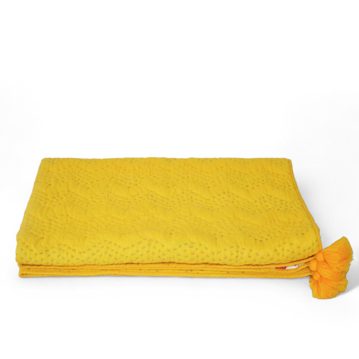 Yellow Hand-Quilted Cotton Throw Blanket | Kantha-Inspired Chevron Zig-Zag | Corner Tassels | 50" × 60"
