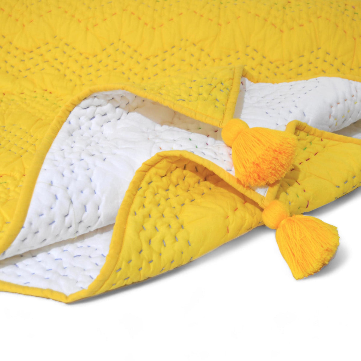 Yellow Hand-Quilted Cotton Throw Blanket | Kantha-Inspired Chevron Zig-Zag | Corner Tassels | 50" × 60"