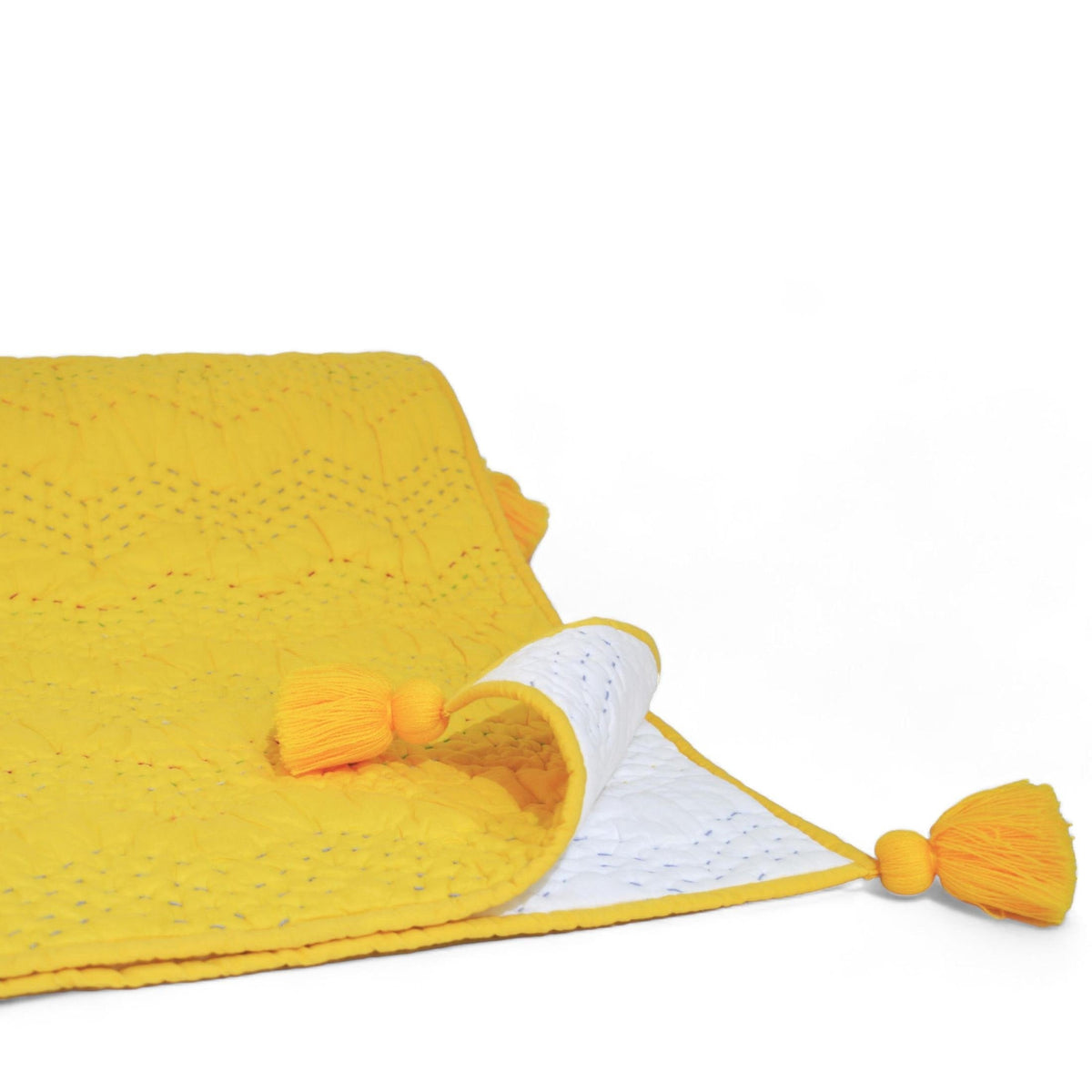 Yellow Hand-Quilted Cotton Throw Blanket | Kantha-Inspired Chevron Zig-Zag | Corner Tassels | 50" × 60"