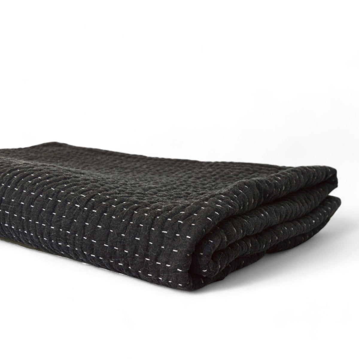 Charcoal Stonewashed Hand-Quilted Cotton Throw Blanket | Kantha-Inspired Stripe Quilting | 50" × 60" | 100% Cotton