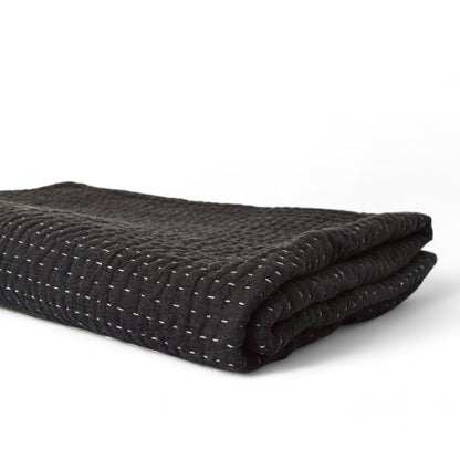 Charcoal Stonewashed Hand-Quilted Cotton Throw Blanket | Kantha-Inspired Stripe Quilting | 50" × 60" | 100% Cotton
