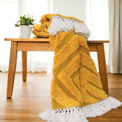 Mustard Yellow Hand-Tufted Cotton Throw Blanket | Diamond Pattern | Off-White Fringe | 44" × 55" | 100% Slub Cotton