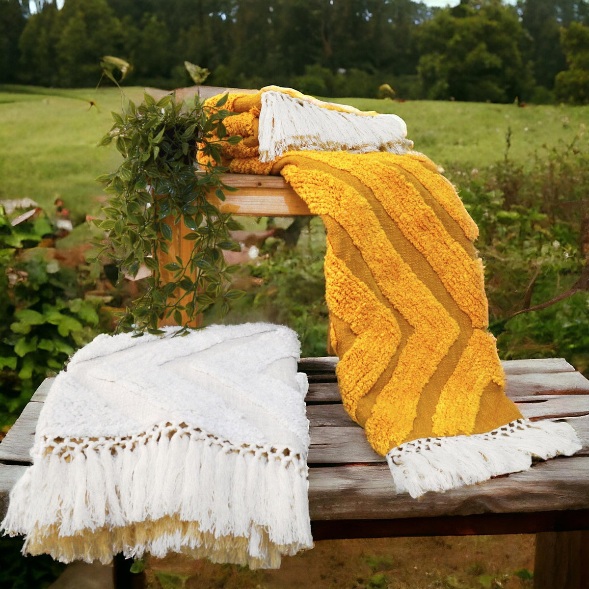 Mustard Yellow Hand-Tufted Cotton Throw Blanket | Diamond Pattern | Off-White Fringe | 44" × 55" | 100% Slub Cotton