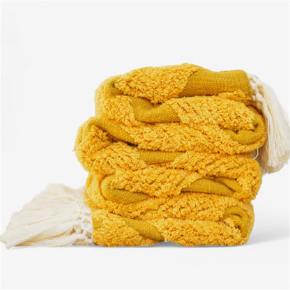 Mustard Yellow Hand-Tufted Cotton Throw Blanket | Diamond Pattern | Off-White Fringe | 44" × 55" | 100% Slub Cotton