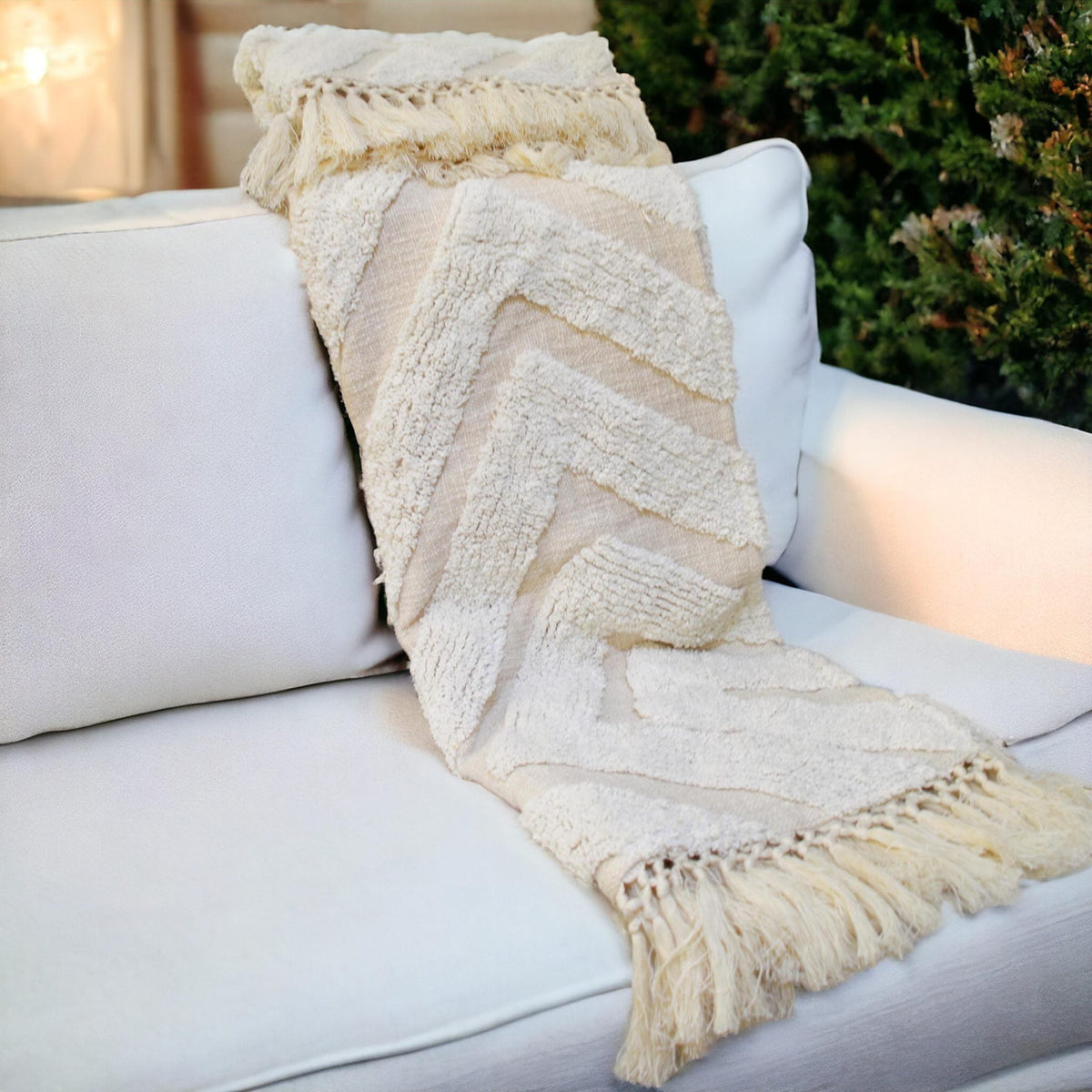 Off-White Hand-Tufted Cotton Throw Blanket | Diamond Pattern | Fringe | 44" × 55" | 100% Slub Cotton