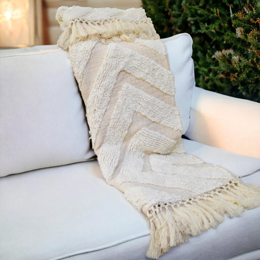 Off-White Hand-Tufted Cotton Throw Blanket | Diamond Pattern | Fringe | 44" × 55" | 100% Slub Cotton