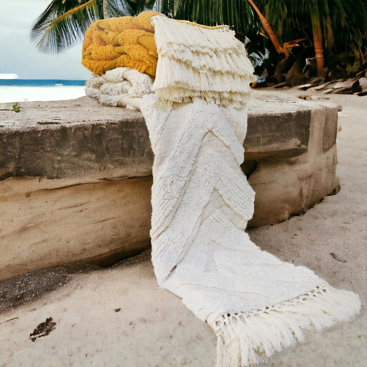Off-White Hand-Tufted Cotton Throw Blanket | Diamond Pattern | Fringe | 44" × 55" | 100% Slub Cotton