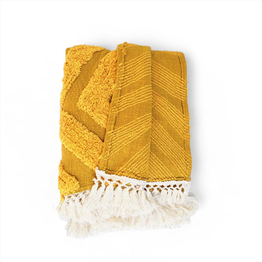 Mustard Yellow Hand-Tufted Cotton Throw Blanket | Diamond Pattern | Off-White Fringe | 44" × 55" | 100% Slub Cotton