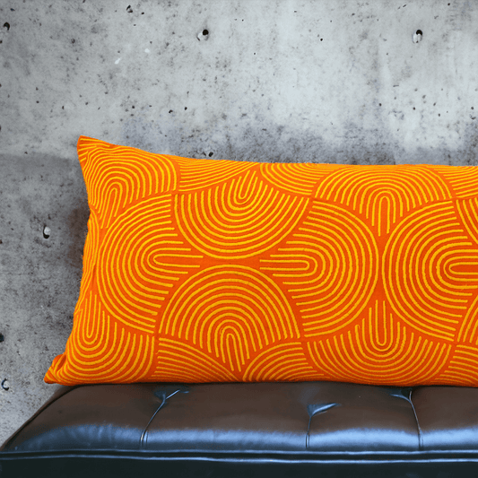 KASHIDAKAARI – Tangerine Ogee Embroidered Lumbar Pillow Cover | Cotton | 12×30 inches