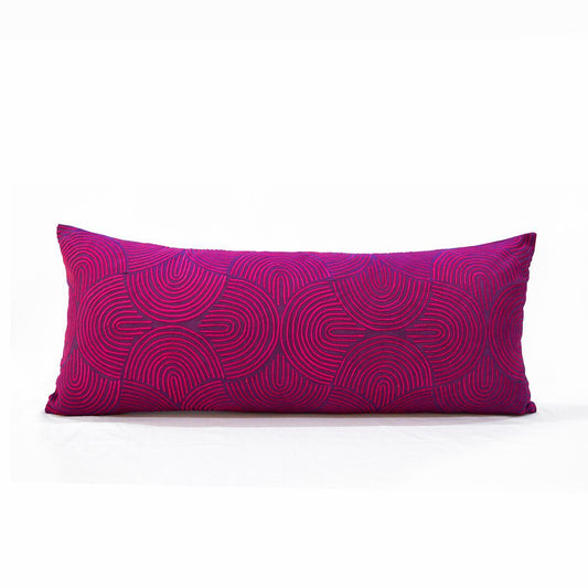 Kashidakaari Plum Cotton Lumbar Pillow Cover Hot Pink Ogee Embroidery
