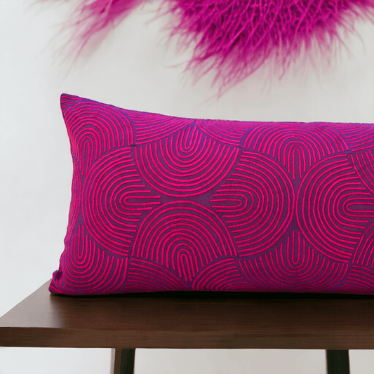 Kashidakaari Plum Cotton Lumbar Pillow Cover Hot Pink Ogee Embroidery