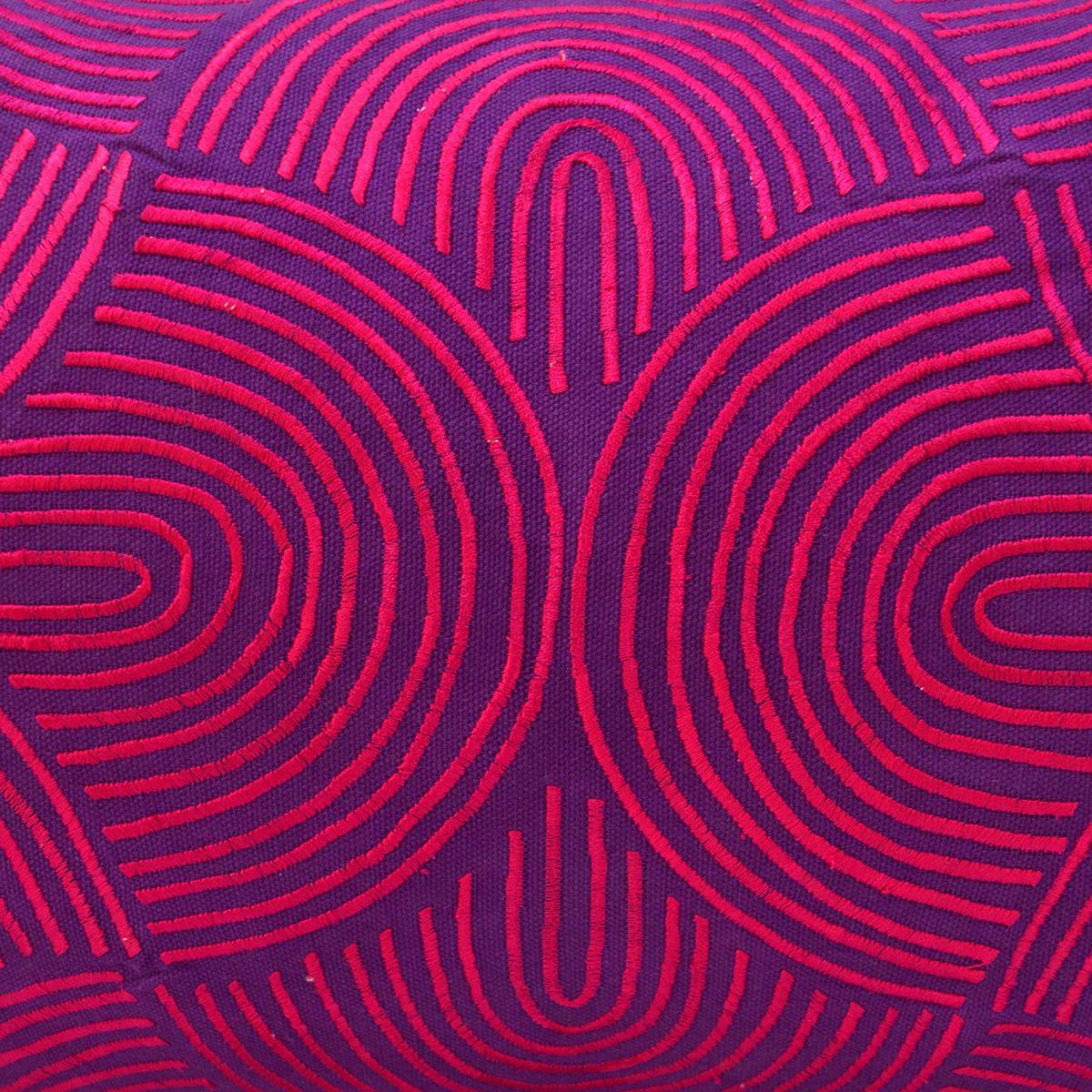 Kashidakaari Plum Cotton Lumbar Pillow Cover Hot Pink Ogee Embroidery