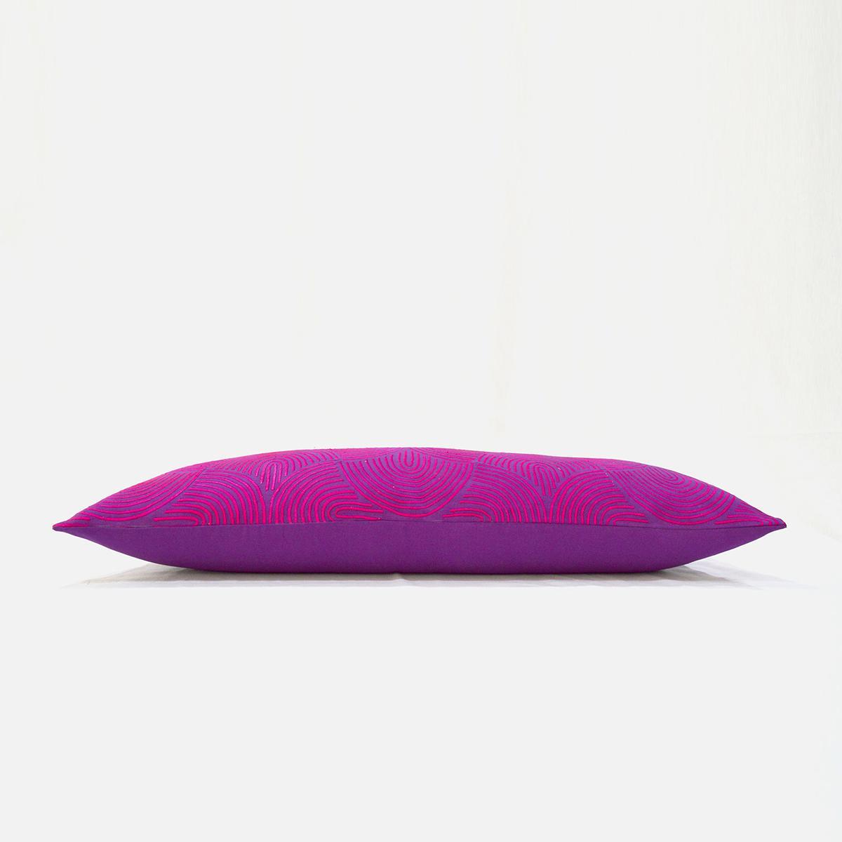 Kashidakaari Plum Cotton Lumbar Pillow Cover Hot Pink Ogee Embroidery
