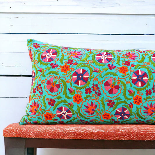 Turquoise Cotton Long Lumbar Pillow Cover with Multicolour Suzani Embroidery