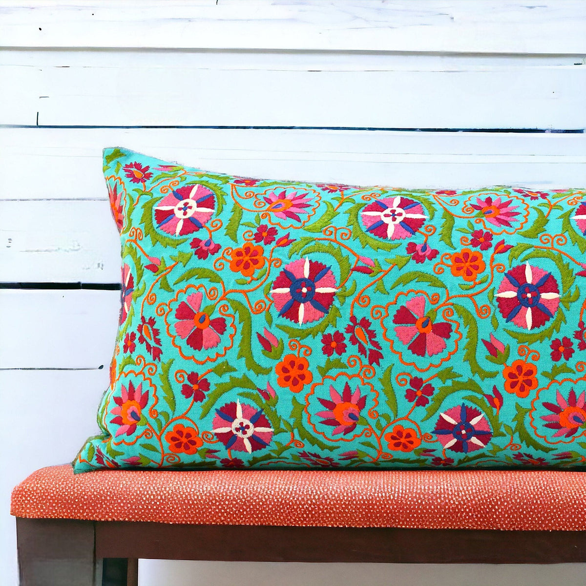 Kashidakaari Turquoise Suzani Embroidered Pillow Cover | Multicolour Silk Thread | Multiple Sizes