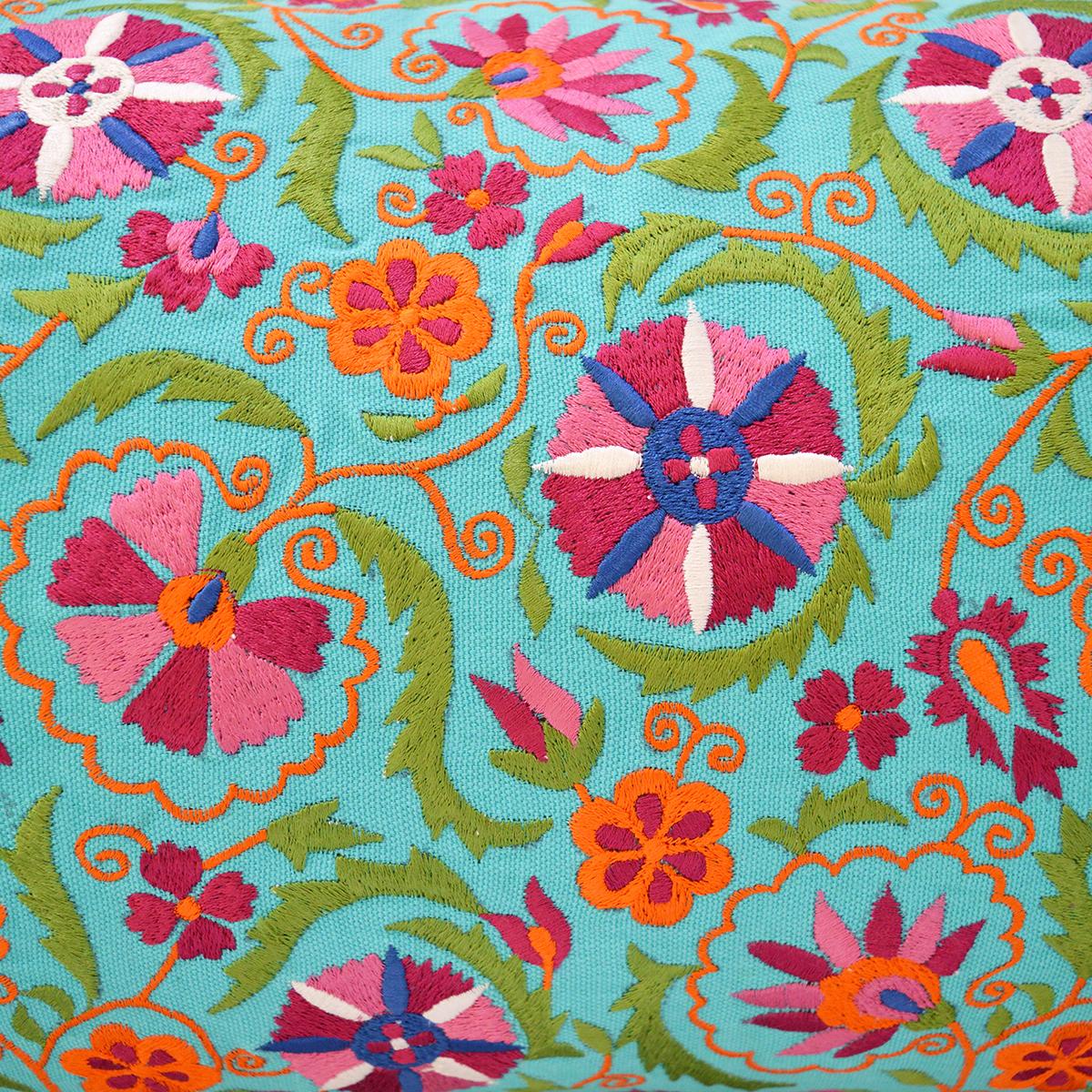 Turquoise Cotton Long Lumbar Pillow Cover with Multicolour Suzani Embroidery