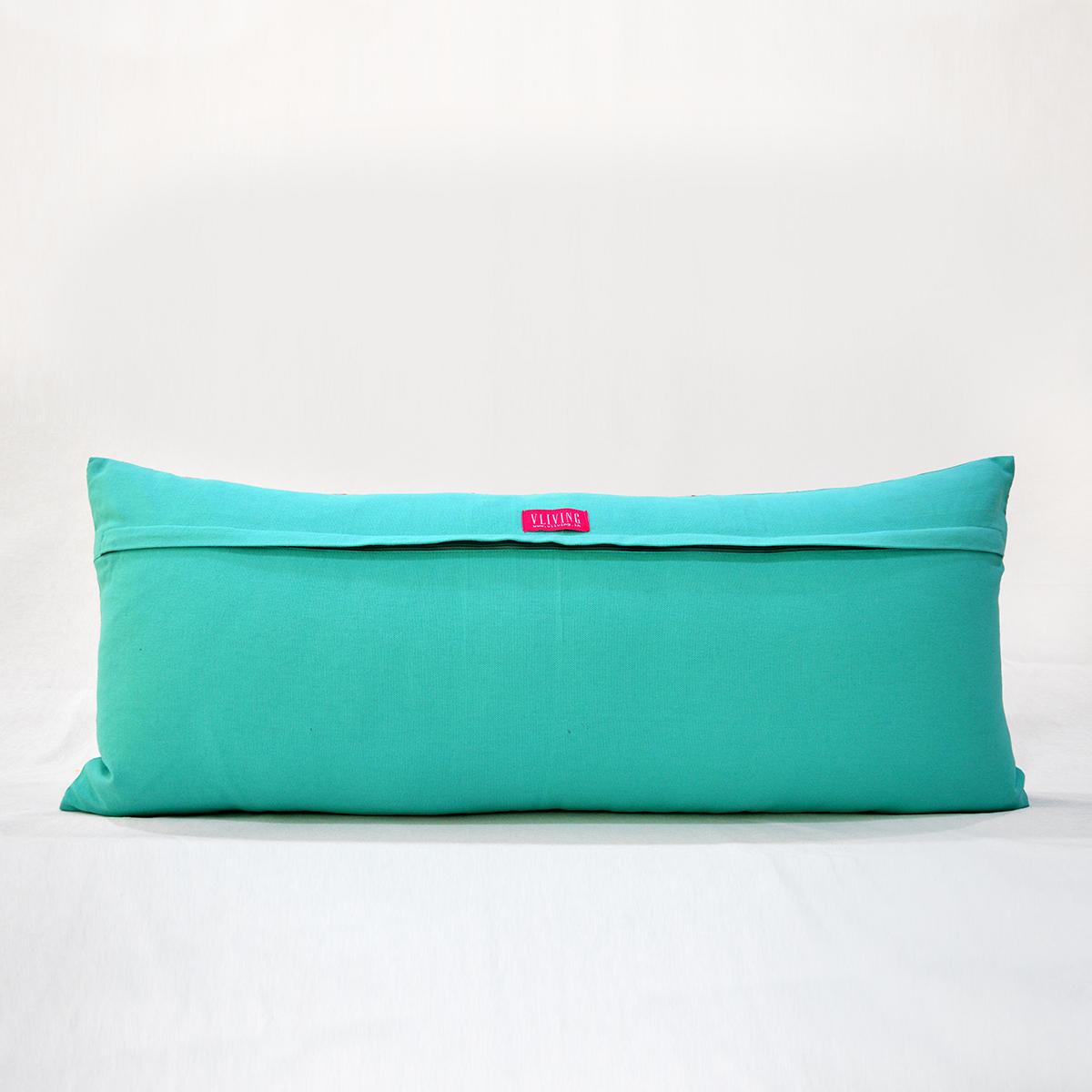 Turquoise Cotton Long Lumbar Pillow Cover with Multicolour Suzani Embroidery